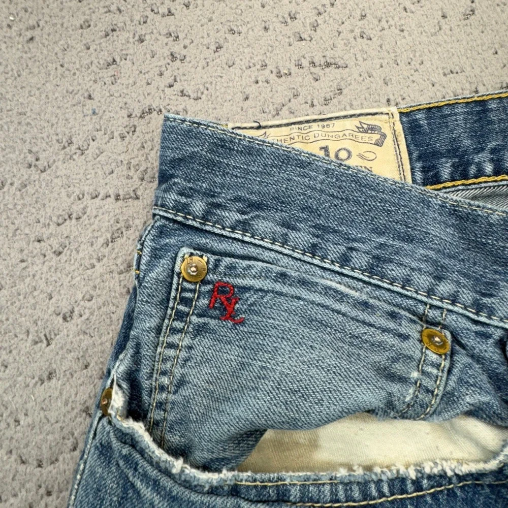 Polo Ralph Lauren Jeans Mens 36x32 Blue Distressed Straight Leg RL Logo Denim
